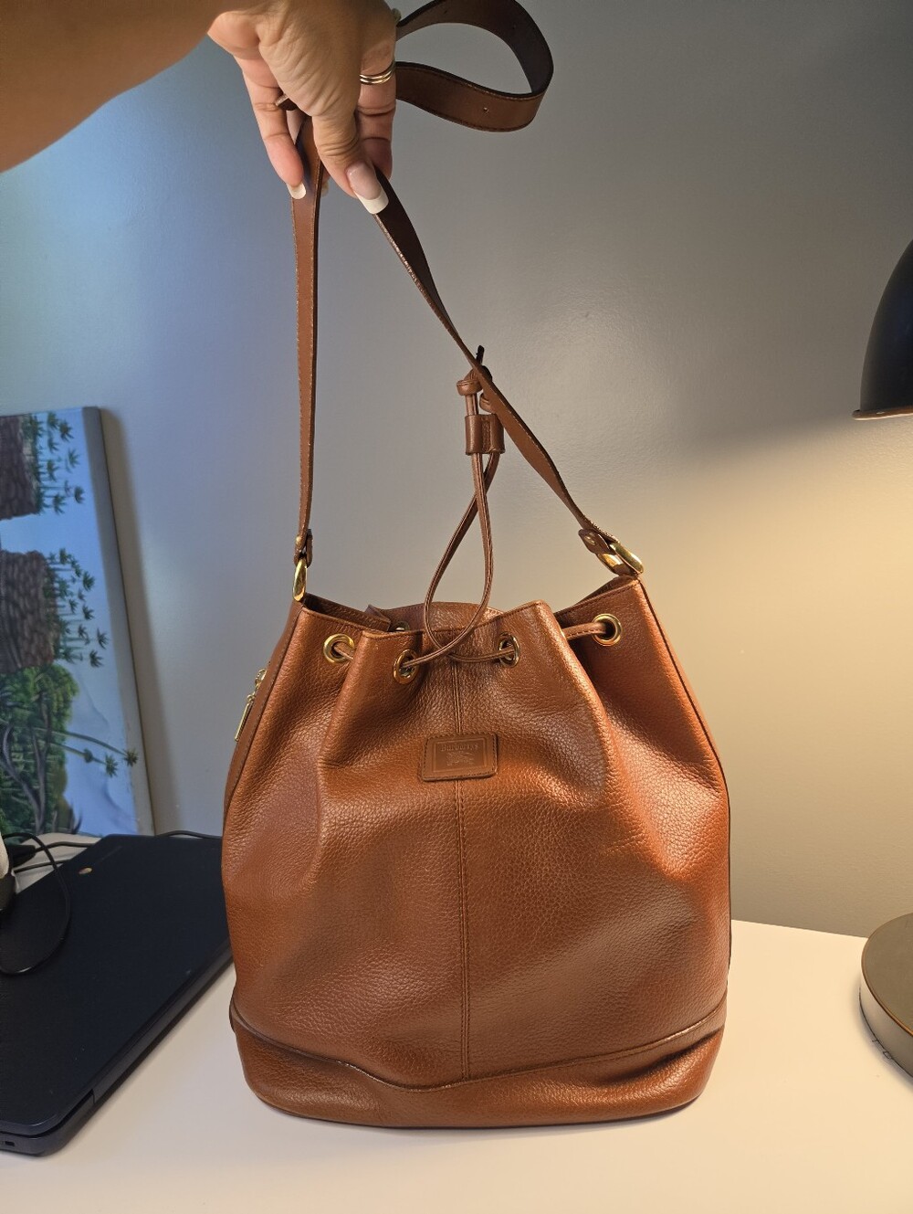 BURBERRY Leather Shoulder Bag Novacheck Drawstring type color Brown